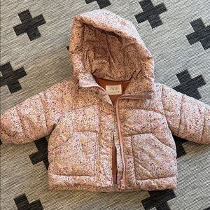 ZARA Pink Floral Quilted Hooded Puffer Jacket